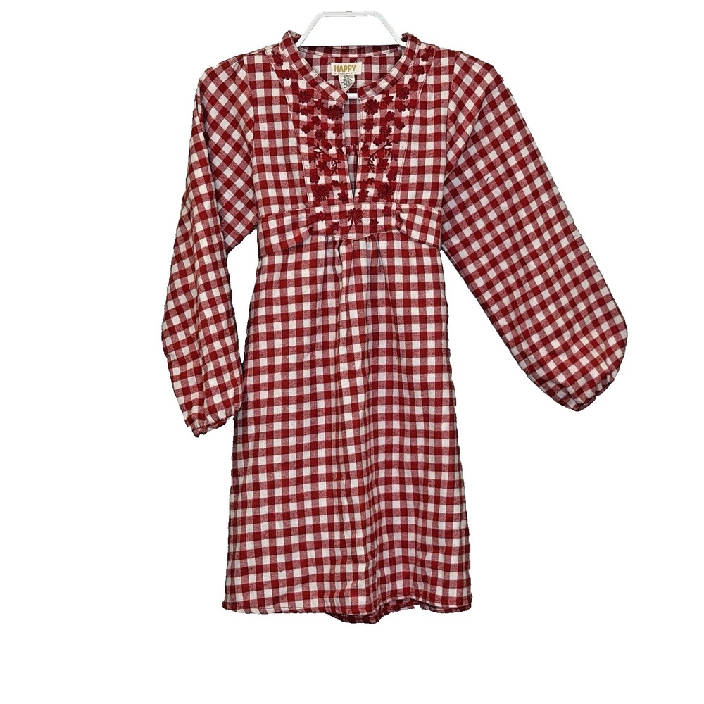 Happy by Pink Chicken Girls Dress Sz 10Y Red Check Long Sleeve V-Neck Embroidery